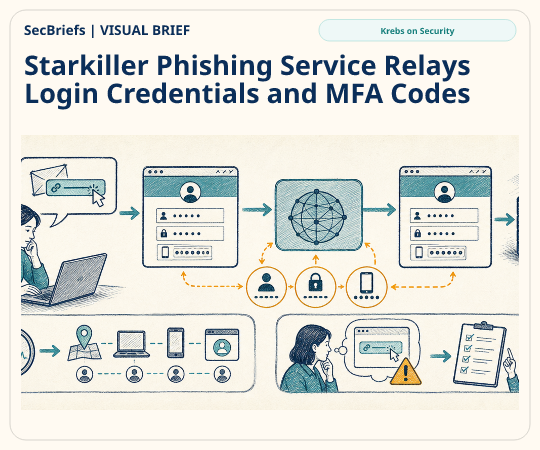 SecBriefs homepage illustration for “Starkiller Phishing Service Relays Login Credentials and MFA Codes”; source Krebs on Security.