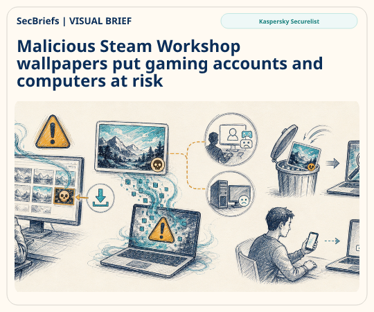 SecBriefs homepage illustration for “Malicious Steam Workshop wallpapers put gaming accounts and computers at risk”; source Kaspersky Securelist.