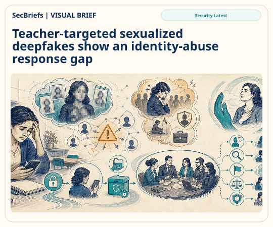 SecBriefs homepage illustration for “Teacher-targeted sexualized deepfakes show an identity-abuse response gap”; source Security Latest.