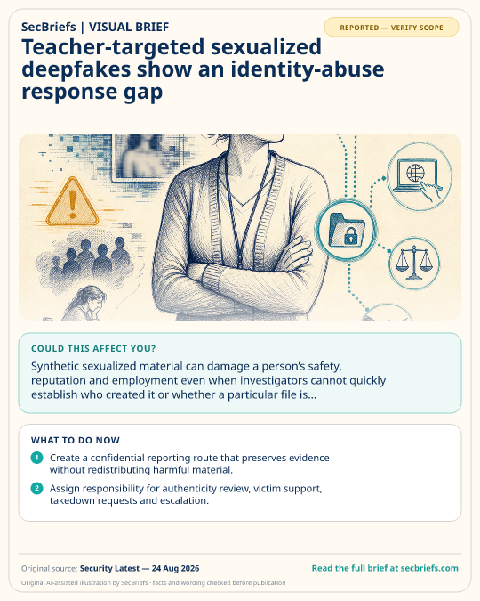 SecBriefs visual brief for “Teacher-targeted sexualized deepfakes show an identity-abuse response gap”; source Security Latest, 24 Aug 2026.