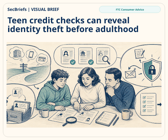 SecBriefs homepage illustration for “Teen credit checks can reveal identity theft before adulthood”; source FTC Consumer Advice.