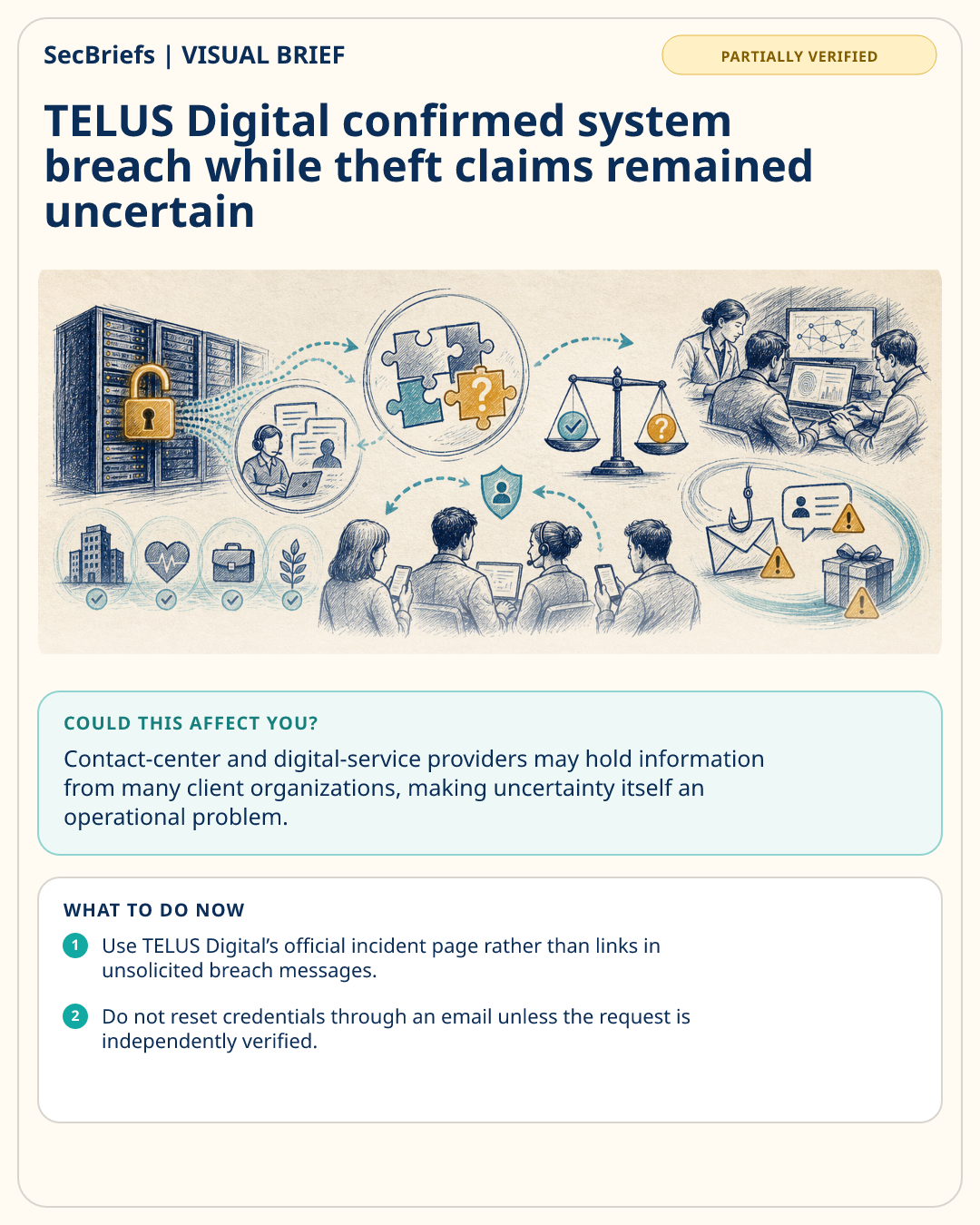 SecBriefs visual brief for TELUS Digital confirmed system breach while theft claims remained uncertain