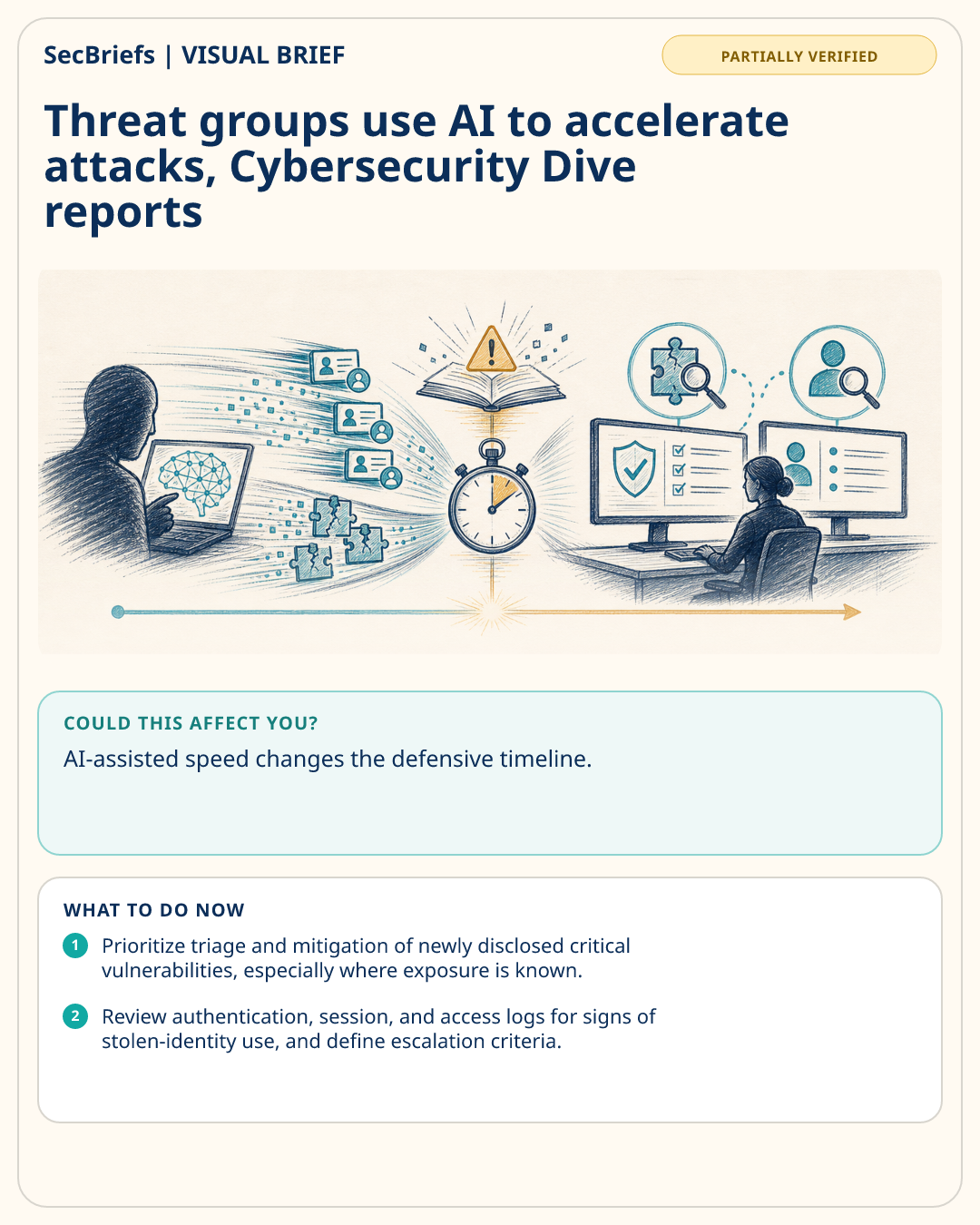 SecBriefs visual brief for Threat groups use AI to accelerate attacks, Cybersecurity Dive reports