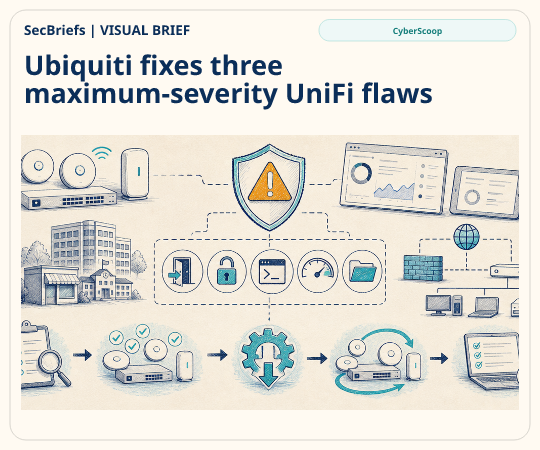 SecBriefs homepage illustration for “Ubiquiti fixes three maximum-severity UniFi flaws”; source CyberScoop.