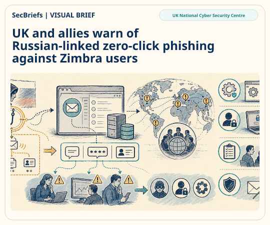 SecBriefs homepage illustration for “UK and allies warn of Russian-linked zero-click phishing against Zimbra users”; source UK National Cyber Security Centre.