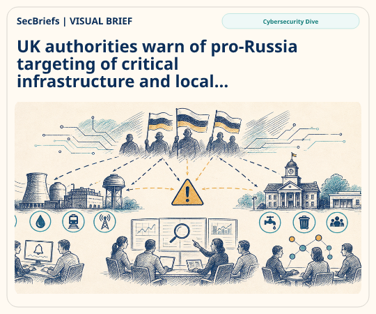 SecBriefs homepage illustration for “UK authorities warn of pro-Russia targeting of critical infrastructure and local government”; source Cybersecurity Dive.