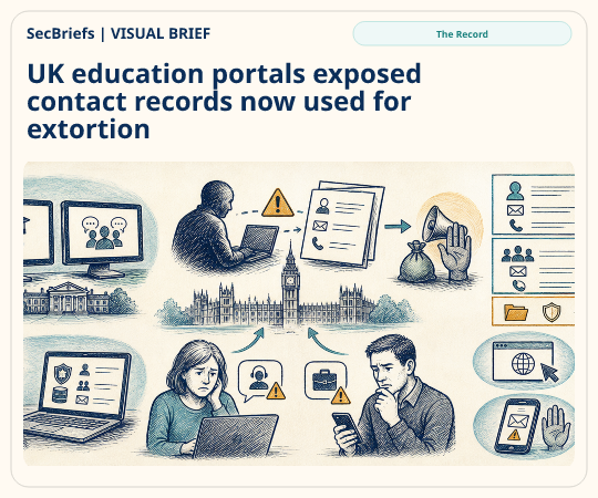 SecBriefs homepage illustration for “UK education portals exposed contact records now used for extortion”; source The Record.