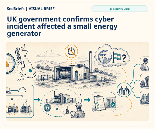 SecBriefs homepage illustration for “UK government confirms cyber incident affected a small energy generator”; source IT Security Guru.