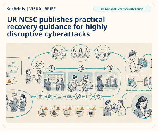 SecBriefs homepage illustration for “UK NCSC publishes practical recovery guidance for highly disruptive cyberattacks”; source UK National Cyber Security Centre.