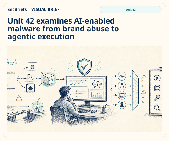 SecBriefs homepage illustration for “Unit 42 examines AI-enabled malware from brand abuse to agentic execution”; source Unit 42.
