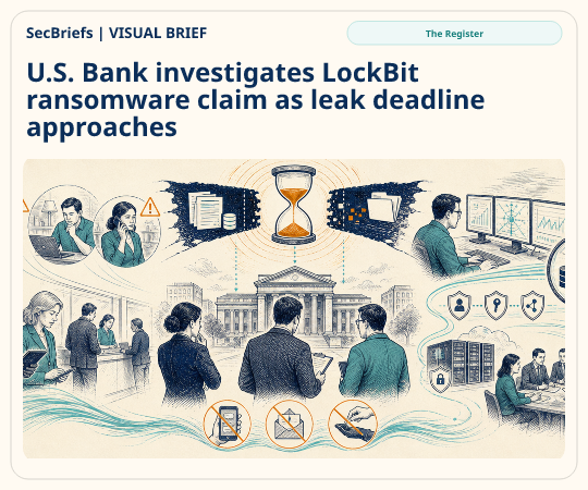 SecBriefs homepage illustration for “U.S. Bank investigates LockBit ransomware claim as leak deadline approaches”; source The Register.