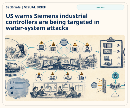 SecBriefs homepage illustration for “US warns Siemens industrial controllers are being targeted in water-system attacks”; source Reuters.