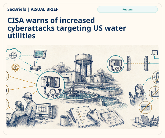 SecBriefs homepage illustration for “CISA warns of increased cyberattacks targeting US water utilities”; source Reuters.