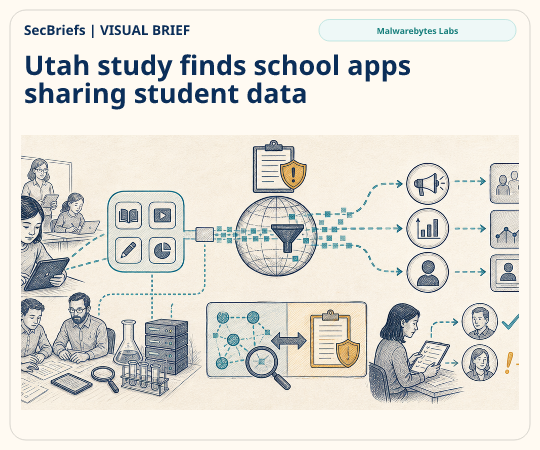 SecBriefs homepage illustration for “Utah study finds school apps sharing student data”; source Malwarebytes Labs.