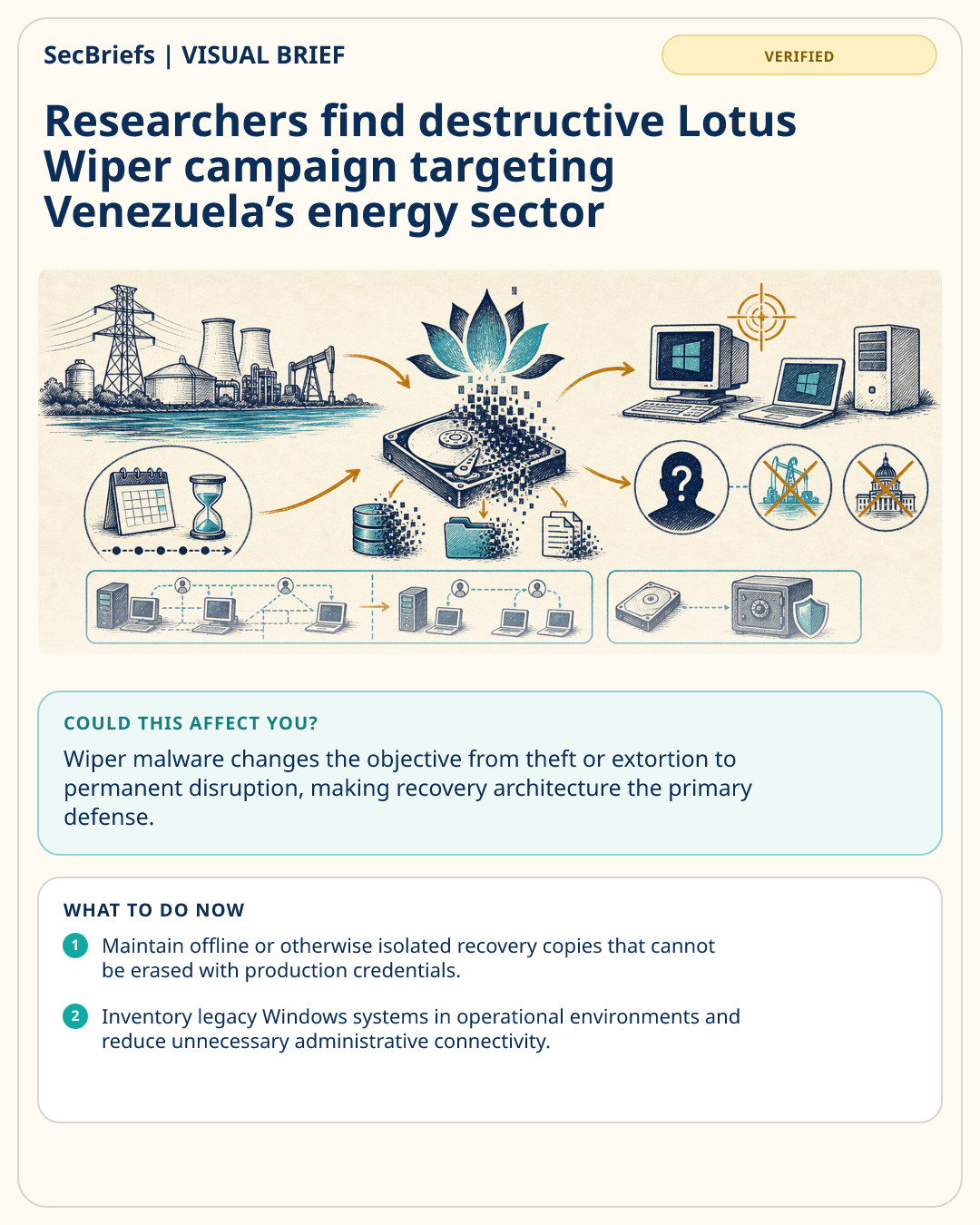 SecBriefs visual brief for Researchers find destructive Lotus Wiper campaign targeting Venezuela’s energy sector