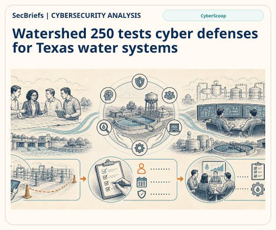 SecBriefs Cybersecurity Analysis illustration for “Watershed 250 tests cyber defenses for Texas water systems”; source CyberScoop.