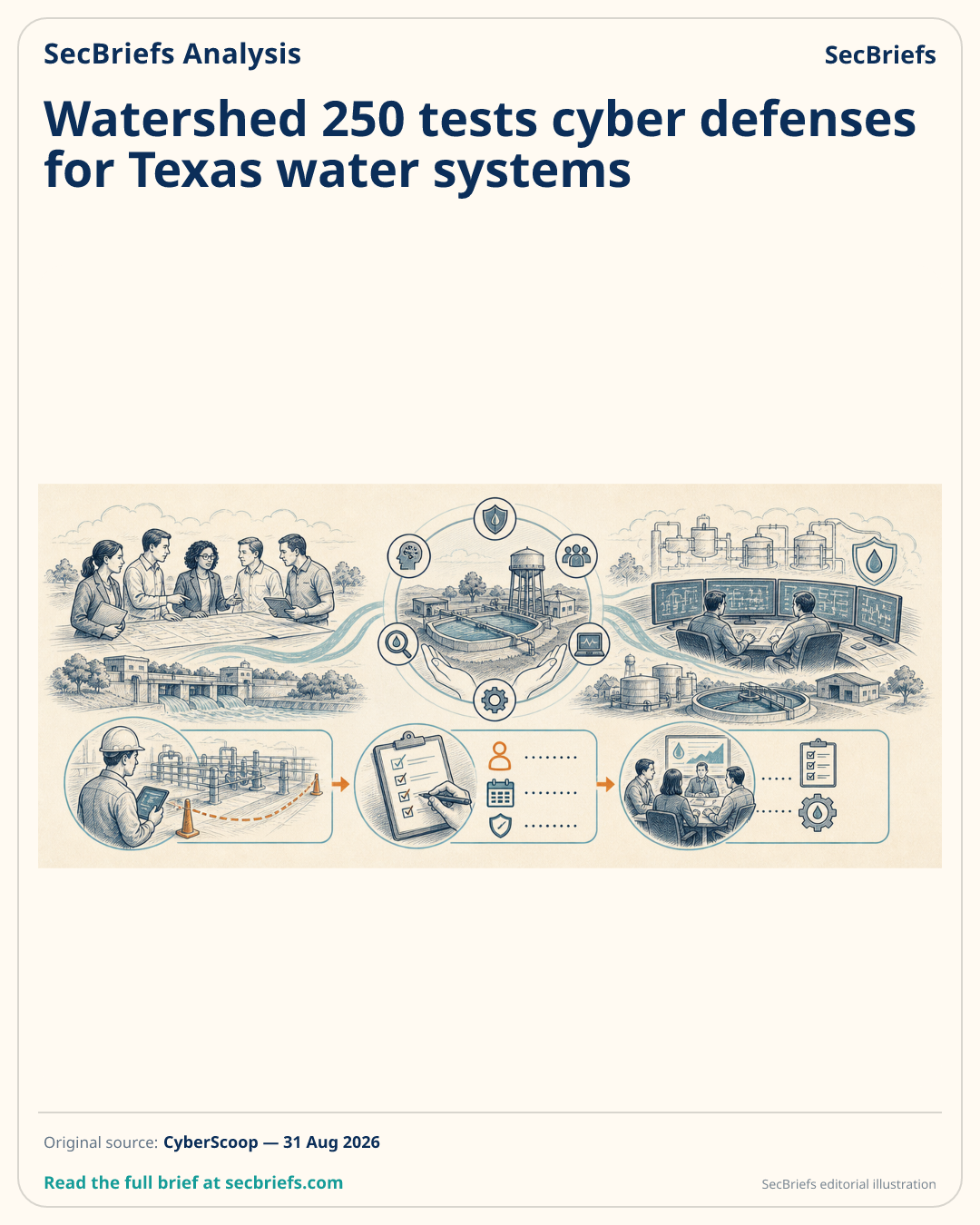 SecBriefs homepage illustration for “Watershed 250 tests cyber defenses for Texas water systems”; source CyberScoop.