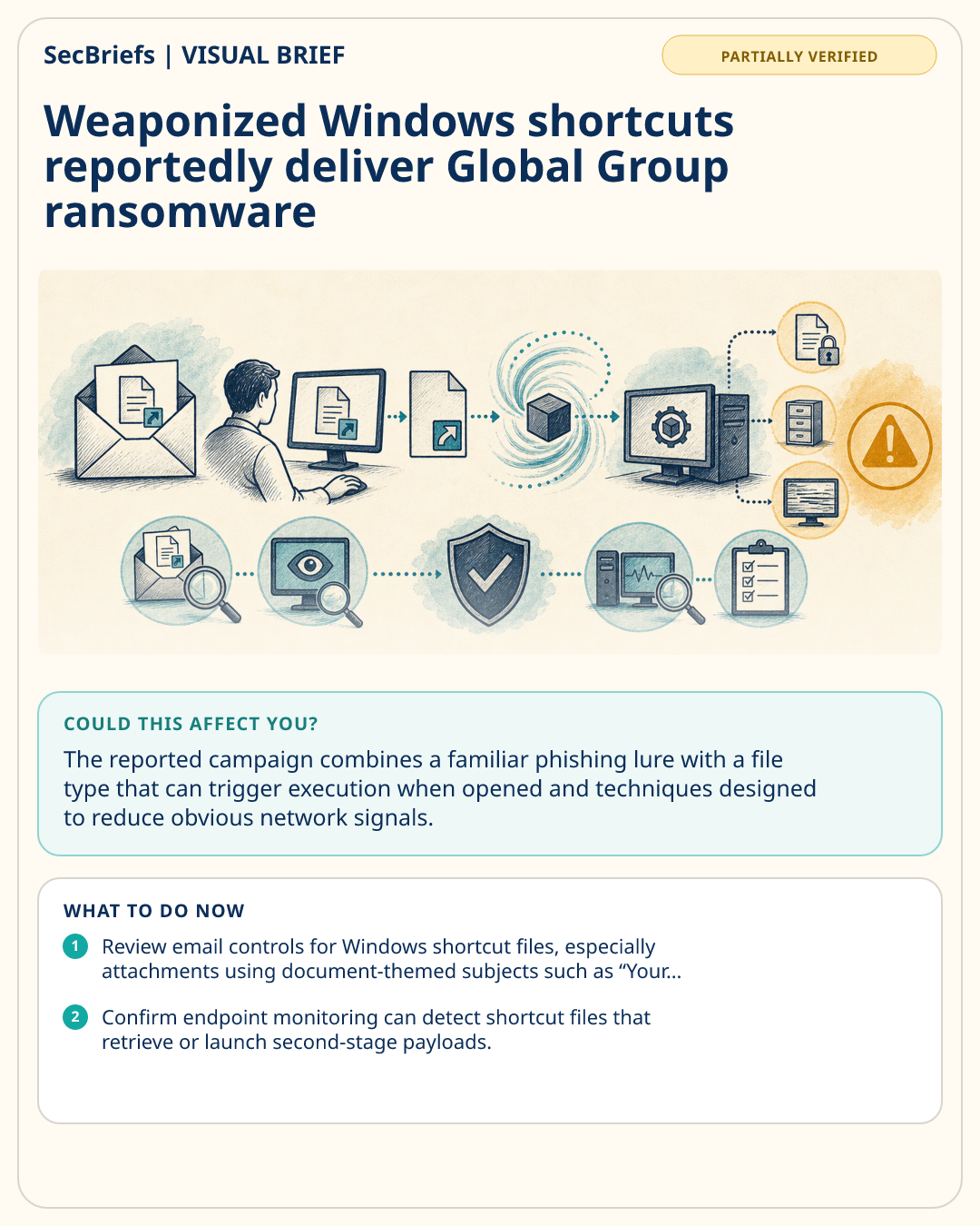 SecBriefs visual brief for Weaponized Windows shortcuts reportedly deliver Global Group ransomware