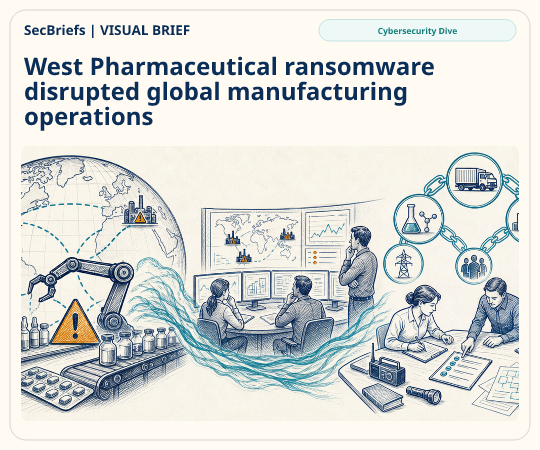 SecBriefs homepage illustration for “West Pharmaceutical ransomware disrupted global manufacturing operations”; source Cybersecurity Dive.