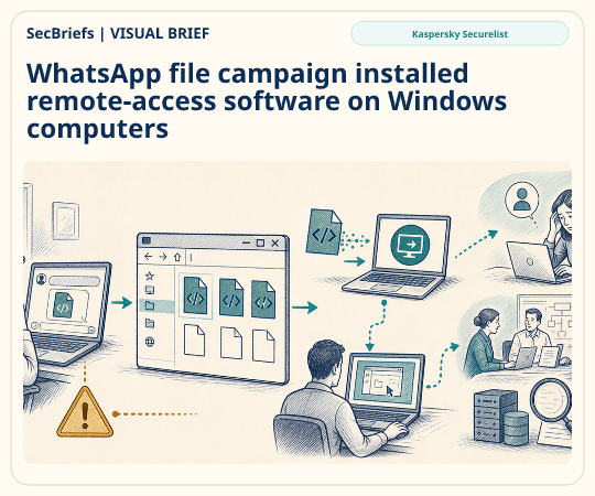 SecBriefs homepage illustration for “WhatsApp file campaign installed remote-access software on Windows computers”; source Kaspersky Securelist.