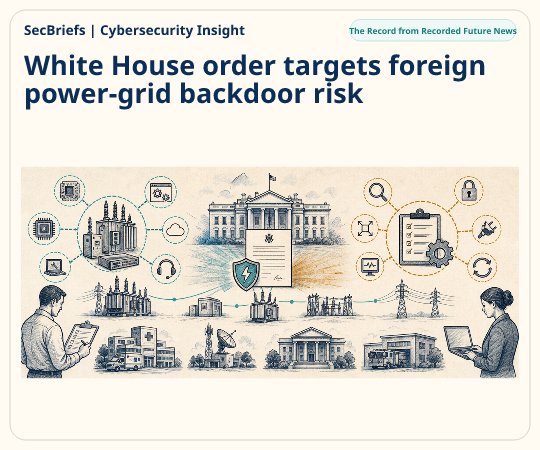 SecBriefs homepage illustration for “White House order targets foreign power-grid backdoor risk”; source The Record from Recorded Future News.