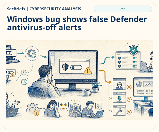 SecBriefs Cybersecurity Analysis illustration for “Windows bug shows false Defender antivirus-off alerts”; source CSO.